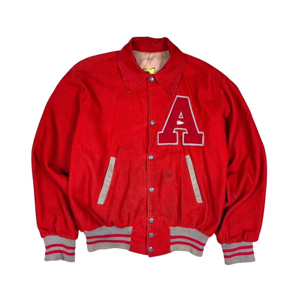 Vtg AGAR Letterman Jacket Mens S/M Red Corduroy 50s 60s Felt A Patch Mid-Century